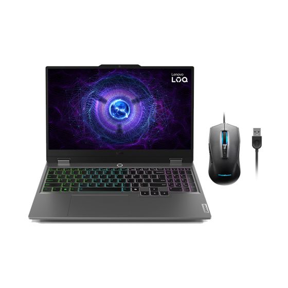 Lenovo LOQ 15IAX9 83GS008NED Laptop, Intel Core I5-12450HX, 512GB SSD, 8GB RAM, 15.6 Inch, FHD IPS, 144Hz, NVIDIA GeForce RTX 3050 6GB GDDR6, FREEDOS - Luna Grey with LOQ M100 RGB Mouse