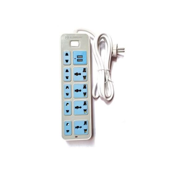 مشترك كهرباء بعدد 2 منفذ USB، و9 فيشة، بقوة 2500 وات، سلك بطول 1.5 متر - رمادي