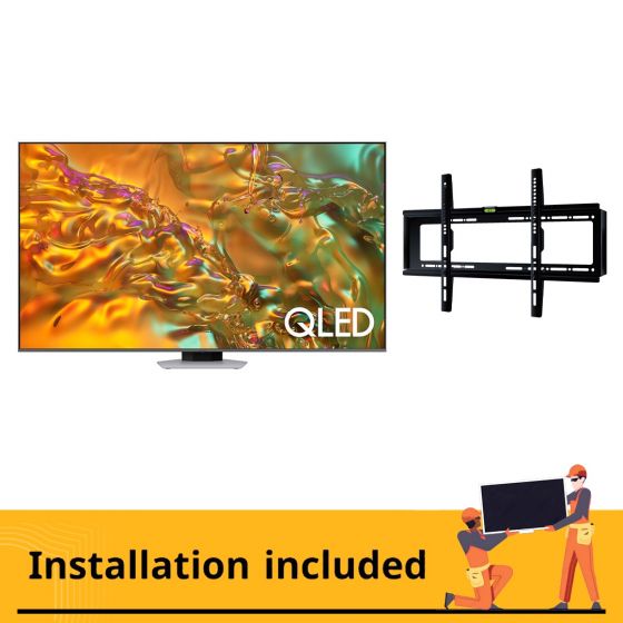 شاشة تلفزيون سامسونج 55 بوصة سمارت QLED، دقة 4K UHD، بريسيفر داخلي - 55Q80DA مع حامل حائط للتلفزيونات من اي تي اي مقاس (26:55) بوصة، اسود- TX40 (شامل خدمة التركيب)