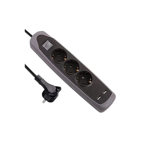 مشترك كهربائي 3 منافذ، 2 منفذ USB، جهد 250 فولت - اسود