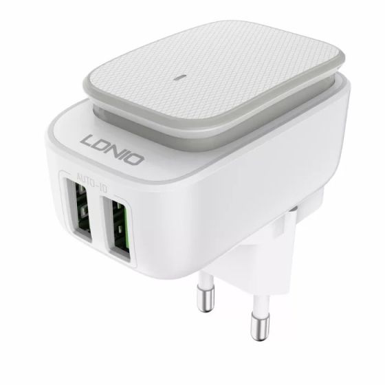 شاحن لدنيو، 2 منفذ USB فئة A، تيار 2.4 امبير، 12 وات، مع كابل USB الى مايكرو USB، ابيض - A2205