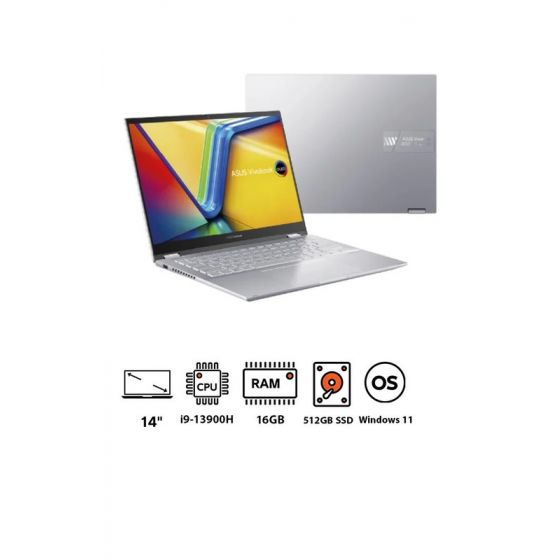 Asus Vivobook S14 Flip TP3402VA-EG009W Laptop, Intel Core i9-13900H, 512GB SSD, 16GB RAM, 14 Inch WUXGA IPS 60Hz Touch Display, Intel Iris Xe Graphics, Windows 11 - Cool Silver