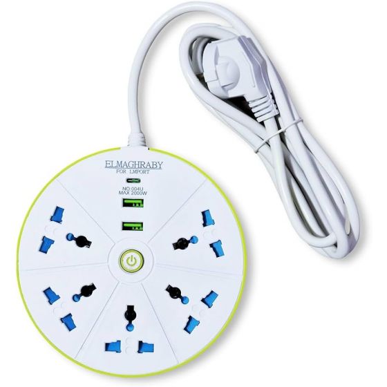 مشترك كهرباء المغربي، 5 منافذ مع 2 منفذ USB، قدرة 2000 وات، ابيض- 004U