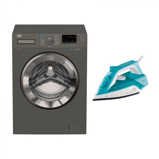 Beko Front Load Inverter Washing Machine, 9 KG, Silver - WTX 91232 XMCI, with Steam Iron, 2200 Watt - SIM 3122 T