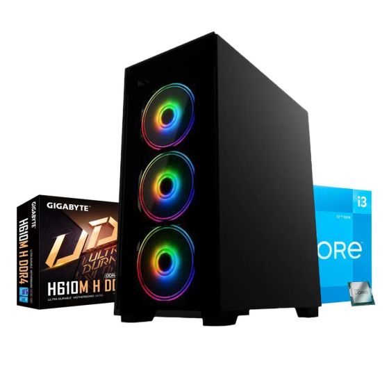 كيسة العاب ريدراجون GC-618 بماذر بورد جيجابايت H610M H DDR4، معالج انتل كور i3-12100F، هارد داخلي SSD ليكسار LNS100 سعة 128جيجا، رام 8 جيجا، كارت شاشة باليت GTX 1650 جيمينج برو سعة 4 جيجا GDDR6، اتوم 600 وات، دوس - اسود