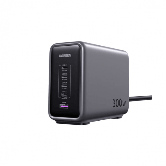 شاحن يوجرين نيكسود، مع كابل USB فئة C، بقدرة 300 وات، 5 منافذ USB، اسود - CD333