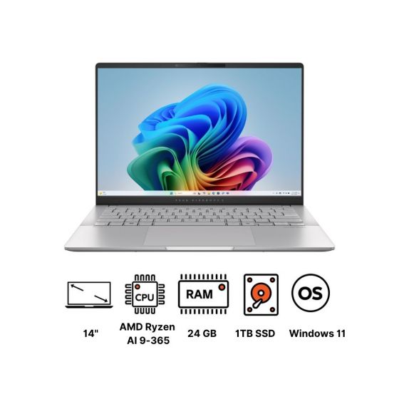 لاب توب اسوس فيفوبوك S14 M5406WA-PP009W، ايه ام دي رايزن AI 9 365، هارد SSD سعة 1 تيرا، رام 24 جيجا، شاشة 14 بوصة OLED دقة 3K بمعدل تحديث 120 هرتز، كارت شاشة ايه ام دي راديون 880M جرافيكس، ويندوز 11 - فضي كول