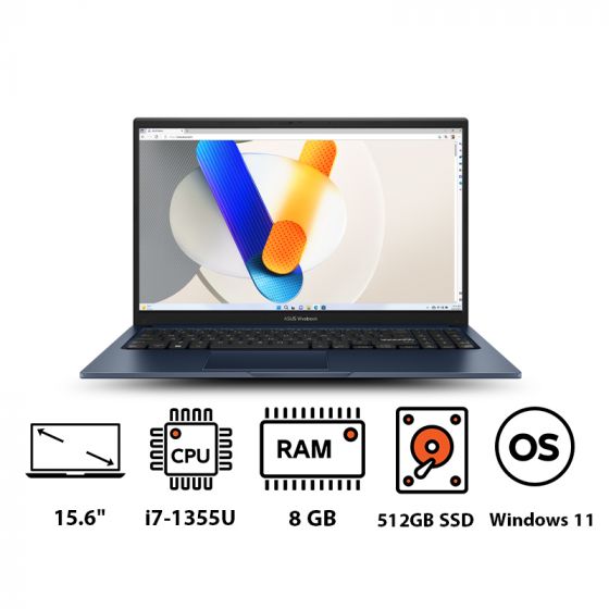 Asus Vivobook X1504VA-NJ017W Laptop, Intel Core i7-1355U, 512GB SSD, 8GB RAM, 15.6 Inch, FHD Display, Intel Iris Graphics, Windows 11- Quiet Blue