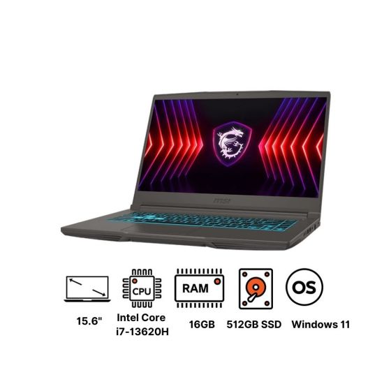 لاب توب جيمنج ام اس اي ثن 15B13UC ، انتل كور i7-13620H، هارد SSD سعة 512 جيجا، رام 16 جيجا، شاشة مقاس 15.6 بوصة، IPS بدقة FHD، ومعدل تحديث 144 هرتز، كارت شاشة انفيديا جي فورس RTX 3050 سعة 4 جيجا GDDR6، فري دوس - رمادي - 9S7-16R831-2615