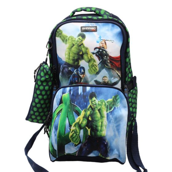 Gharibo Bags School Backpack With Lunch Bag and Pencil Case for Boys, Hulk Pattern - Navy and Green