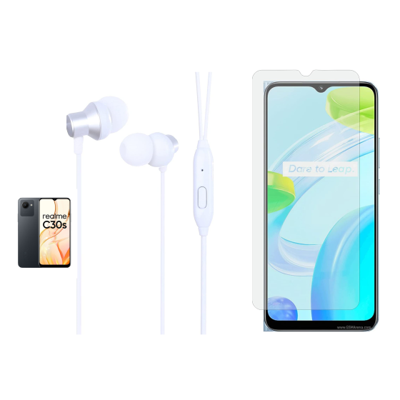 ريلمي C30s بشريحتين، 64 جيجا، 4 جيجا رام، 4G LTE، اسود مع سماعات اذن سلكية لينوفو، ابيض - HF130 وشاشة حماية واتس موب - شفاف