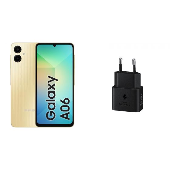 سامسونج جالكسي A06 بشريحتين، 128 جيجا، رام 4 جيجا، شبكة 4G LTE - ذهبي مع شاحن حائط سامسونج بمنفذ USB-C، بقوة 25 وات، اسود - EP-T2510NBEGWW