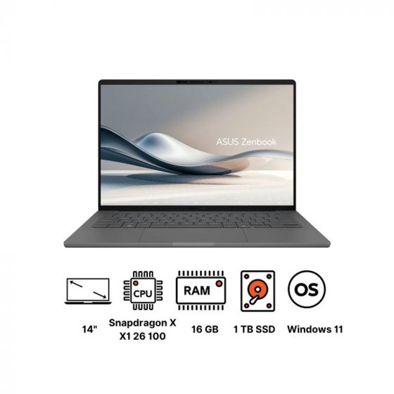 Asus Zenbook A14- UX3407QA-QD232W Laptop, Snapdragon X  X1 26 100, 1TB SSD, 16GB RAM, 14 Inch WUXGA OLED 60Hz Display, Qualcomm Adreno, Windows 11 - Grey