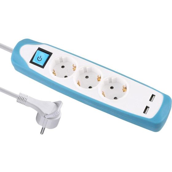 مشترك كهربائي بلوجارد، 3 مقابس، 2 منفذ USB - ابيض وازرق