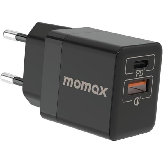 Momax One Plug Mini Wall Charger, 20 Watt, 2 Ports, Black - UC9D