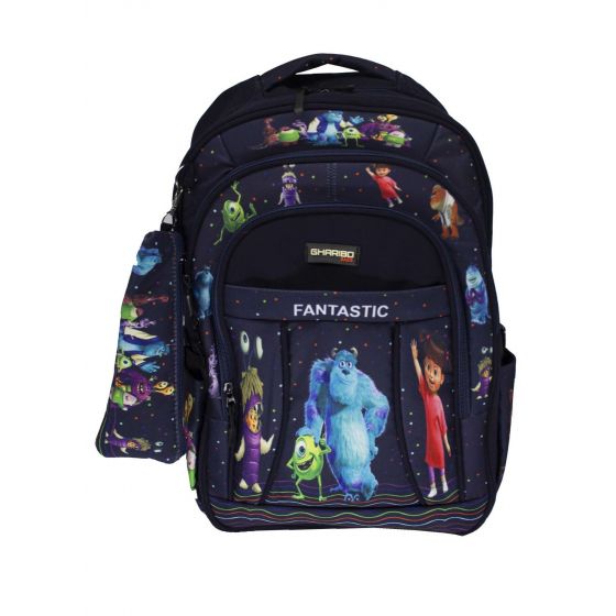 Gharibo Bags School Backpack With Pencil Case For Boys, Monsters Inc Pattern - Black
