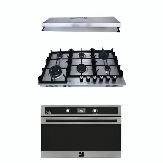 Purity Gas Built-in Hob, 90cm, 6 Burners, Stainless Steel - HPT904S, with PIATTA Island Hood, 90 CM, and Built-in Gas Oven with Grill, 98 Liters - OPT901GXD