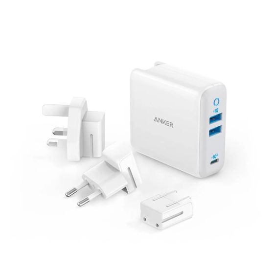 Anker PowerPort III Charger with 3 Plugs, 65W, 3 Ports, 2 USB-A and 1 USB-C, White - A2033H21