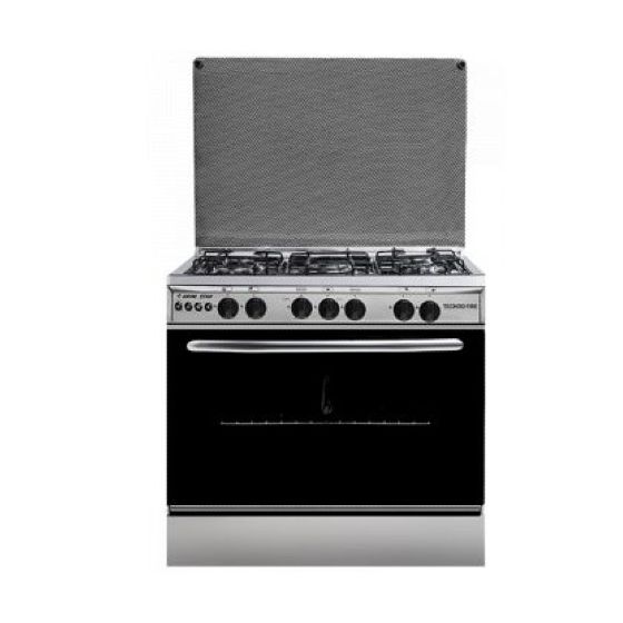 Techno Fire Free Standing Gas Cooker With Fan, 5 Burners, Stainless Steel and Black - TF-15-SF