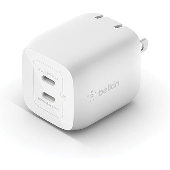 شاحن بيلكن بوست تشارج برو، 45 وات، 2 منفذ  USB-C، ابيض - BEWC4543