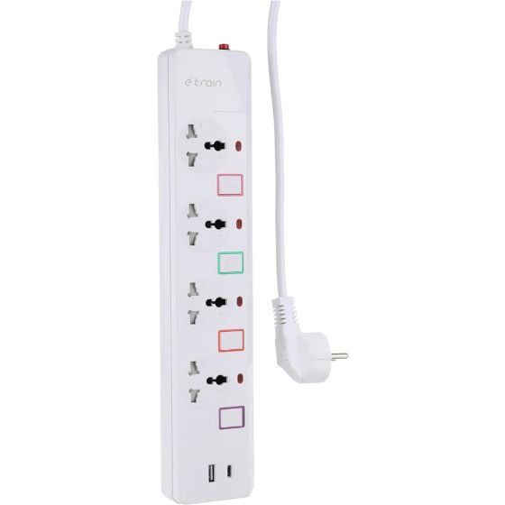 مشترك كهرباء اي ترين، 4 منافذ خرج، 1 منفذ USB، و1 منفذ USB-C ، طوله 2 متر، 16 امبير، ابيض - PS077 