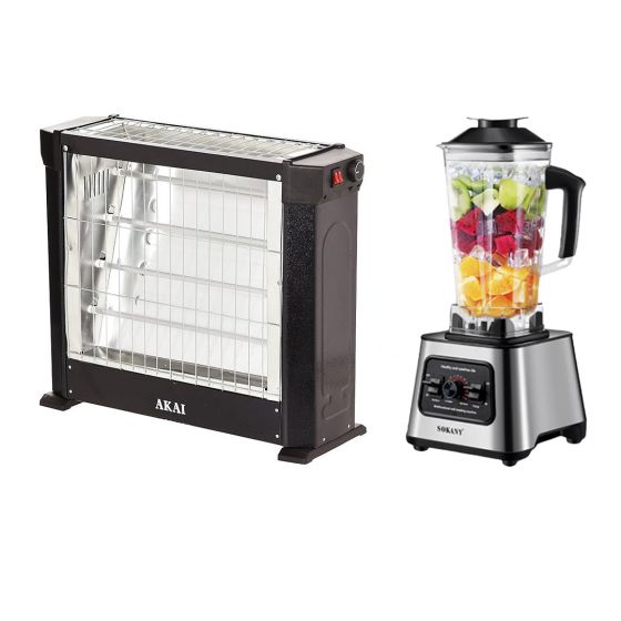Akai Electric Heater, 4 Candles, 2200 Watts, Black - Ak-2970, With Sokany Electric Blender, 2.5 Liters, 6000 Watt, Black and Silver - SK-999