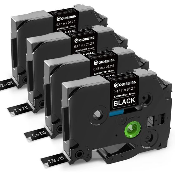 Color Wing 4-Piece Label Tape, 12mm x 8 Meters, White on Black - TZe-335