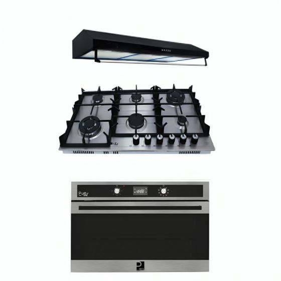 Purity Gas Built-in Hob, 90cm, 6 Burners, Stainless Steel - HPT904S, with PIATTA BL Island Hood, 90 CM, and Built-in Gas Oven with Grill, 98 Liters - OPT901GXD