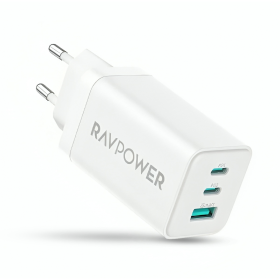 RAVPower Wall Charger, 65 Watt, 3 USB Ports, White - RP-PC172