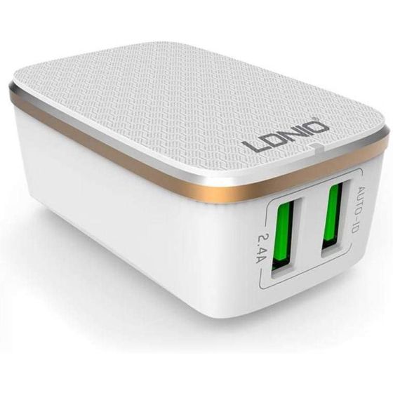 شاحن لدنيو، 2 منفذ USB فئة A، تيار 2.4 امبير، مع كابل USB الى لايتنينج، ابيض - A2204