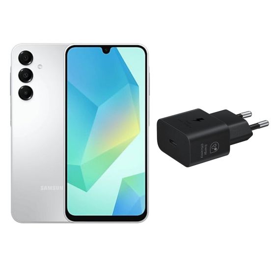 Samsung Galaxy A16, 128GB, 4GB, 4G LTE, Dual SIM - Grey With Samsung Wall Charger, 25 Watt, Type-C, Black - EP-T2510NBEGWW