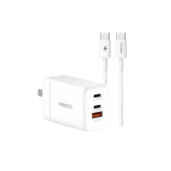 شاحن ريتشي، 65 وات، 3 منافذ USB، ابيض - RCK-15CC مع كابل USB فئة C