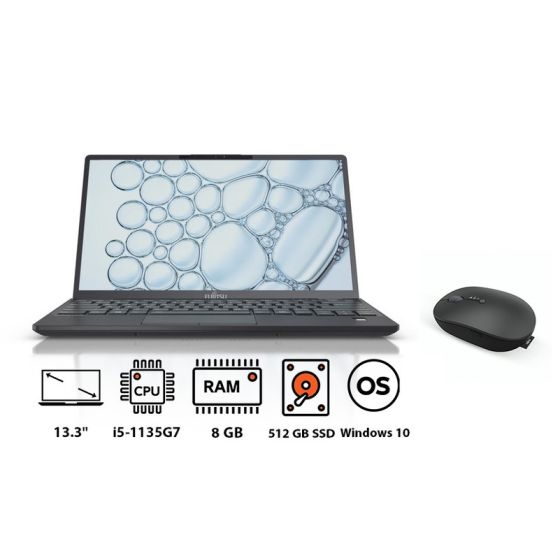 Fujitsu LIFEBOOK U9311 Laptop, Intel Core i5-1135G7, 512GB SSD, 8GB RAM, 13.3 Inch FHD, Intel Iris Xe Graphics, Windows 10 - Grey with Wireless Mouse, Black - WI860