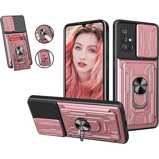 Case Compatible with Samsung Galaxy A71 Case with Removable Kickstand & Card Holder,Slide Camera Cover Built-in Magnetic Ring Stand Women Men Hybrid Armor Hard Luxury - Rose Gold