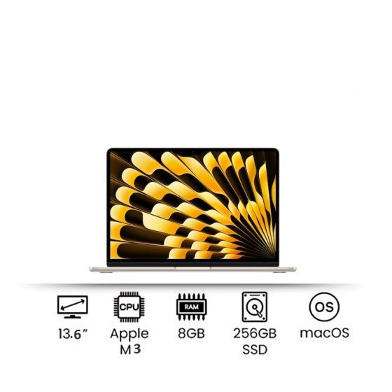 لاب توب ابل ماك بوك اير بشريحة ابل M3 مع معالج 8 أنوية ومعالج رسومات 8 أنوية، محرك عصبي 16 نواة، هارد SSD سعة 256 جيجا، 8 جيجا رام، شاشة 13.6 بوصة، MacOS - ستارلايت