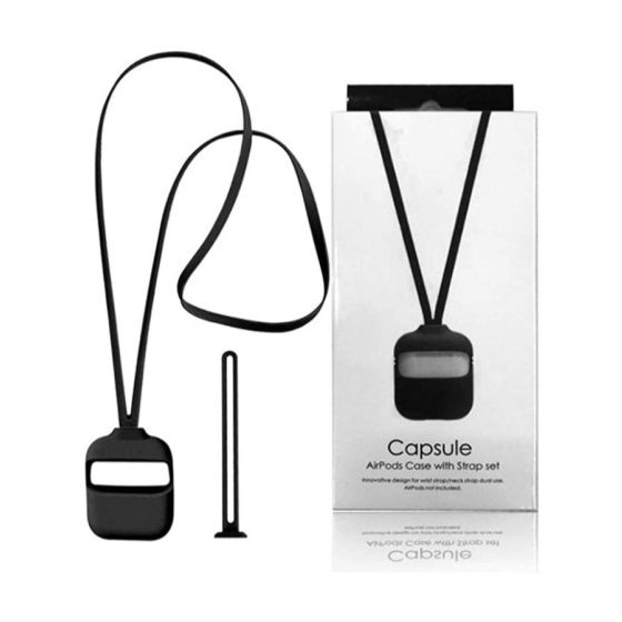 Capsule Silicone Case with Strap Set for Apple Airpods 1 and 2 - Black