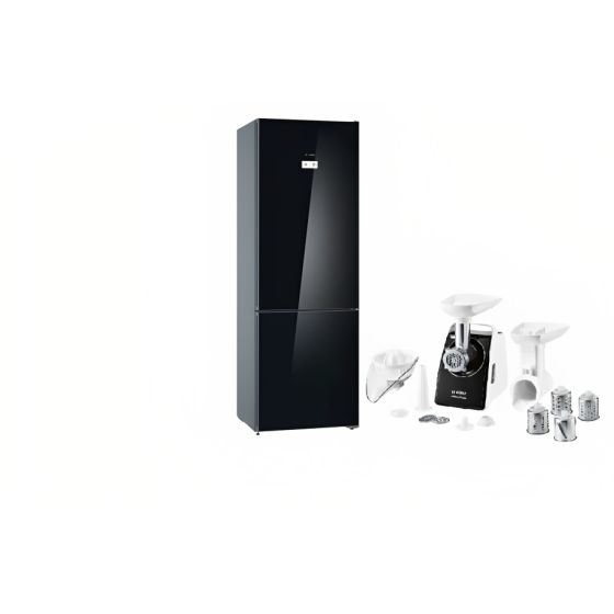 Bosch Series 6 No Frost Refrigerator, 435 Litres, Black - KGN49LB30U with Bosch Compact Power Meat Grinder, 1800 Watt, Black and White - MFW3850B