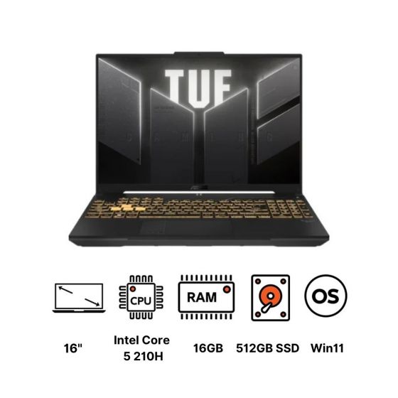 لاب توب جيمنج اسوس تاف F16 FX607VU-RL165W، انتل كور 5 210H، هارد SSD سعة 512 جيجا، رام 16 جيجا، شاشة WUXGA، مقاس 16 بوصة، دقة FHD بلس، بمعدل تحديث 144 هرتز، كارت شاشة انفيديا جي فورس RTX 4050 سعة 6 جيجا، ويندوز 11 - رمادي ميكا