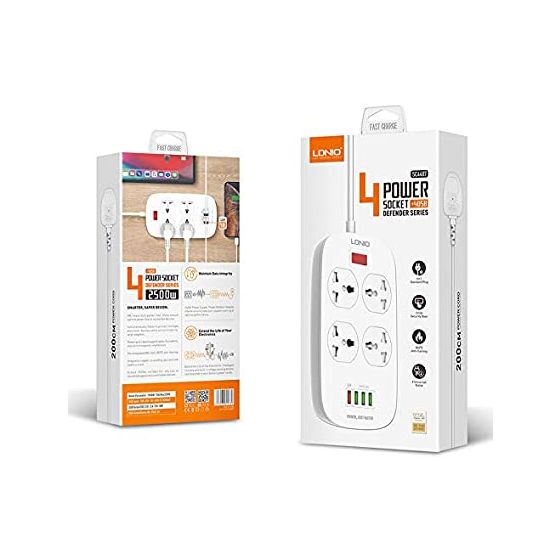 LDINO SC4407 Power Strip, 4 Sockets and 4 USB Ports, 2 Meters - White