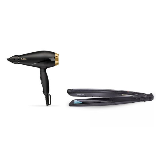 Babyliss Power Pro 2000 Hair Dryer, 2000 Watt, Black Gold - 6704E with Babyliss Wet and Dry Slim Hair Straightener - ST327E