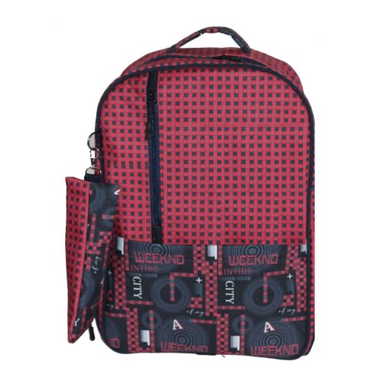 Gharibo Bags One Hand School Backpack With Pencil Case for Kids, Squares Pattern - Dark Red