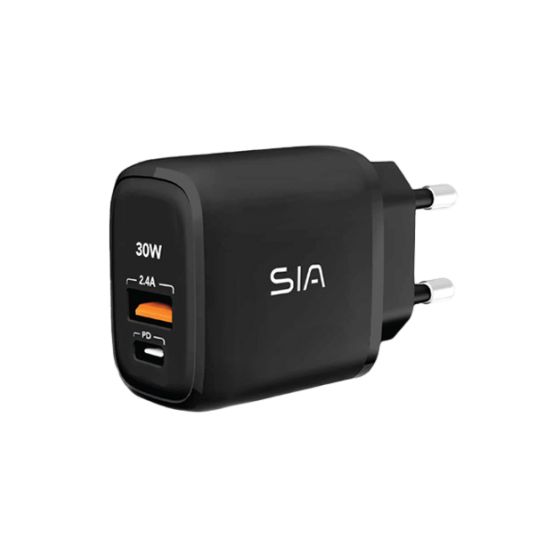 SIA Wall Charger, 30W, 1 USB-A Port, 1 USB-C Port, Black - SI-CH002B