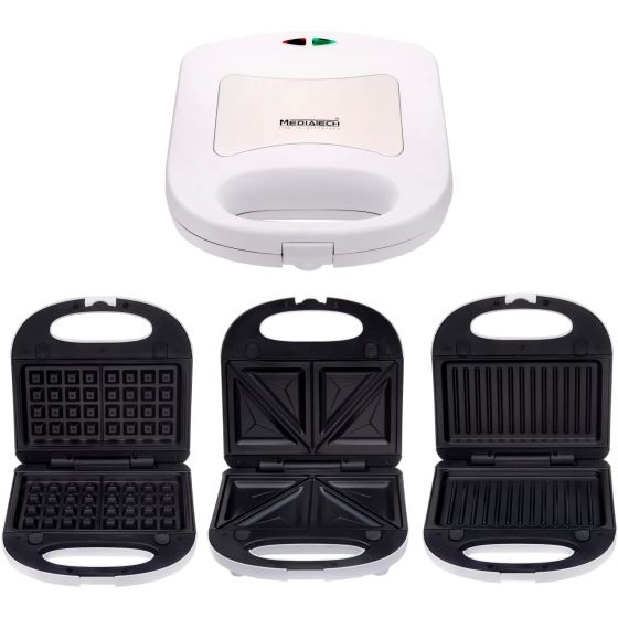 Media Tech 3 in 1 Sandwich Maker, 700 Watt, White- MT-SM206