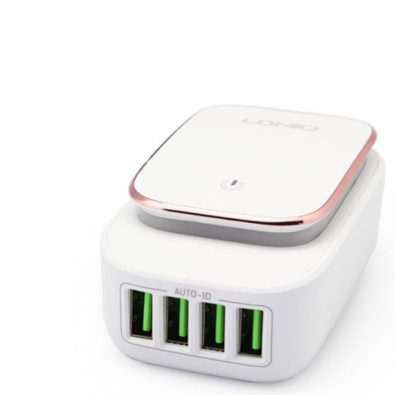 شاحن حائط USB لدينو، 4 منافذ، ابيض - A4405