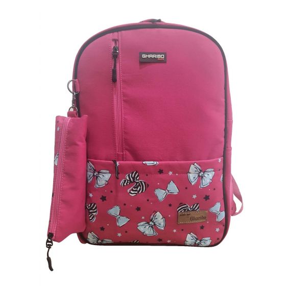 Gharibo Bags One Hand School Backpack With Pencil Case for Girls, Bow Pattern - Pink