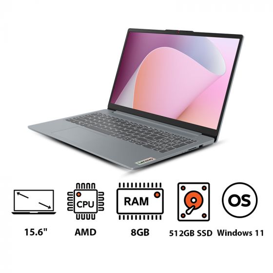 Lenovo IdeaPad Slim 3 15AMN8 Laptop, AMD Ryzen 5 7520U, 512GB SSD, 8GB RAM, 15.6 Inches, FHD IPS Display, AMD Radeon 610M Graphics, Windows 11 - Arctic Grey