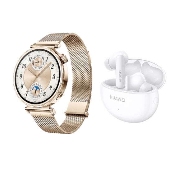 Huawei GT5 Smart Watch, 41mm, Gold - JANA-B19M with Huawei FreeBuds 5i Earbuds with Active Noise Cancellation - Ceramic White