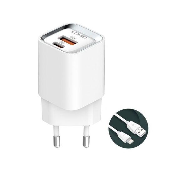 LDNIO Wall Charger, Dual Ports USB C to lightning, 30 Watt, White - A2317C
