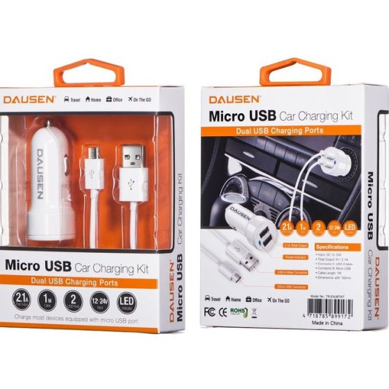شاحن سيارة داوسين مع كابل مايكرو USB، قدرة 2.1 امبير، ابيض - TR-EA387WT