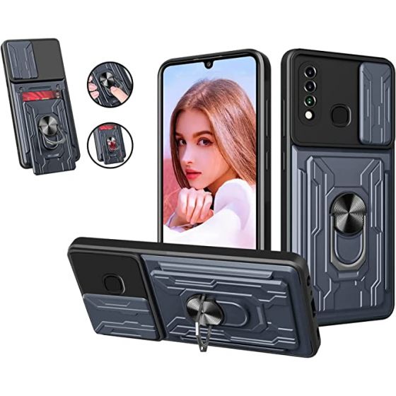 Case Compatible with Huawei P30 Lite/Nova 4E Case with Removable Kickstand & Card Holder,Slide Camera Cover Built-in Magnetic Ring Stand Women Men Hybrid Armor Hard Luxury - Grey
